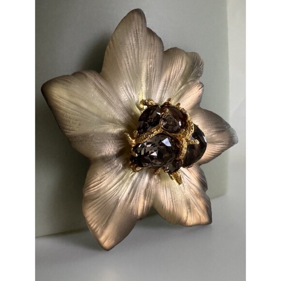 ALEXIS BITTAR Large Glowing Lucite Flower Brooch Signed Crystal Floral Brown - Picture 2 of 11